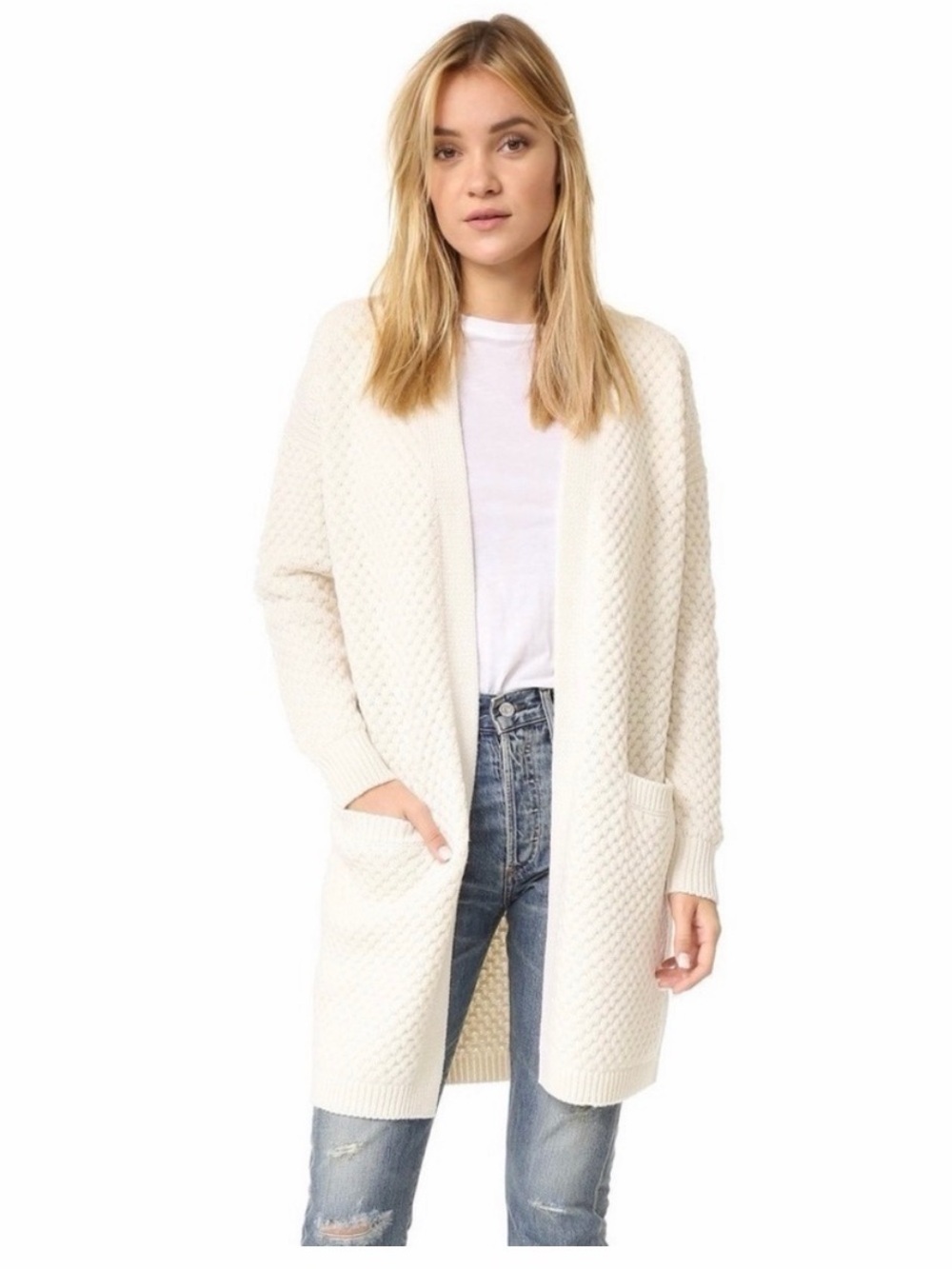 Vince Honeycomb Longline Cardigan Chunky Knit in Winter White Yak Wool - Size XS
